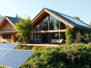 Casa eco-friendly cu panouri solare și vegetație abundentă.