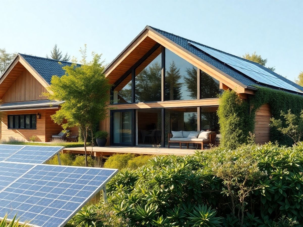 Casa eco-friendly cu panouri solare și vegetație abundentă.