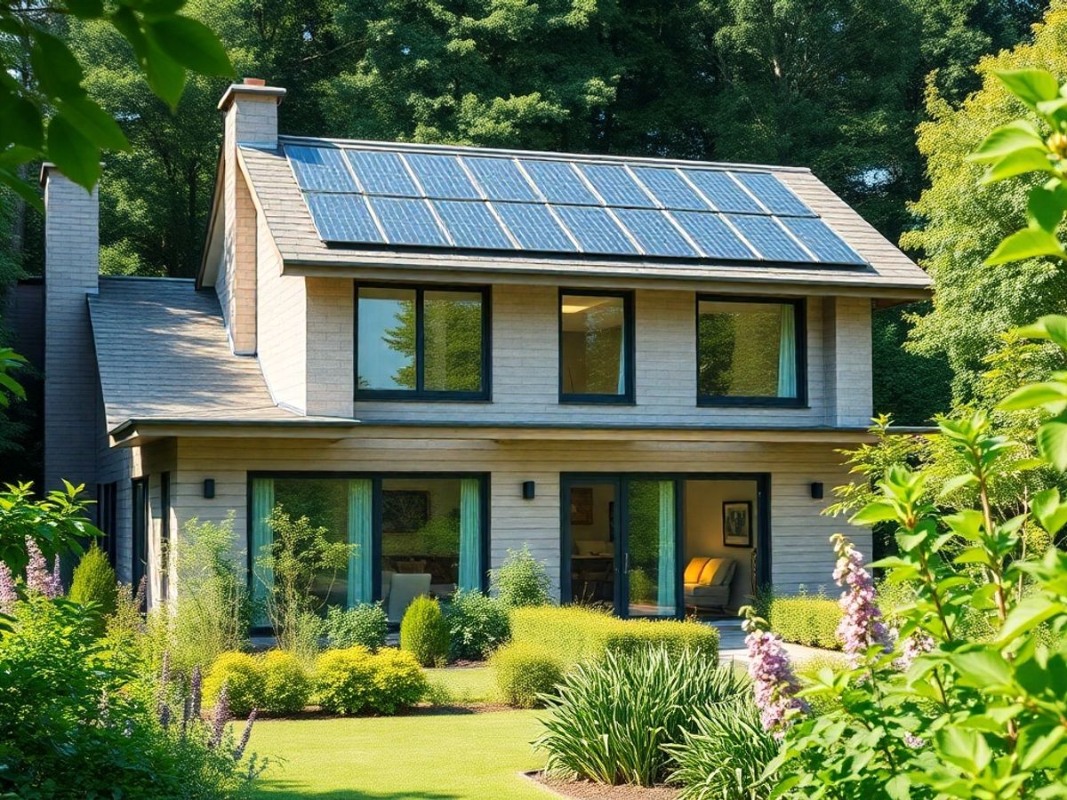 Locuință ecologică modernă cu panouri solare și grădină.