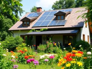 Casa ecologică cu panouri solare și grădină verde.