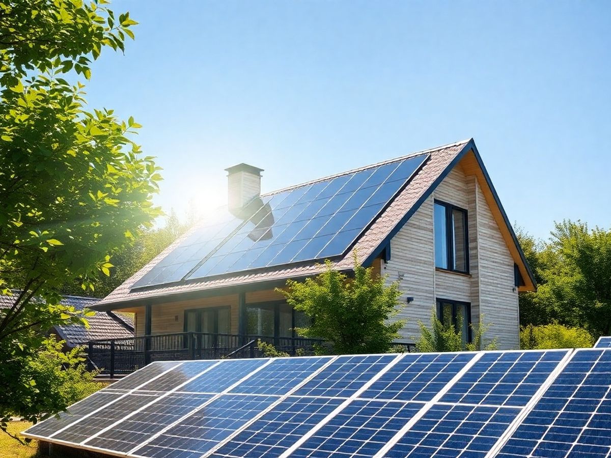 Casă modernă ecologică cu panouri solare și verdeață.