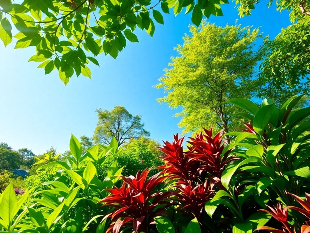 Peisaj verde cu plante diverse și cer albastru.