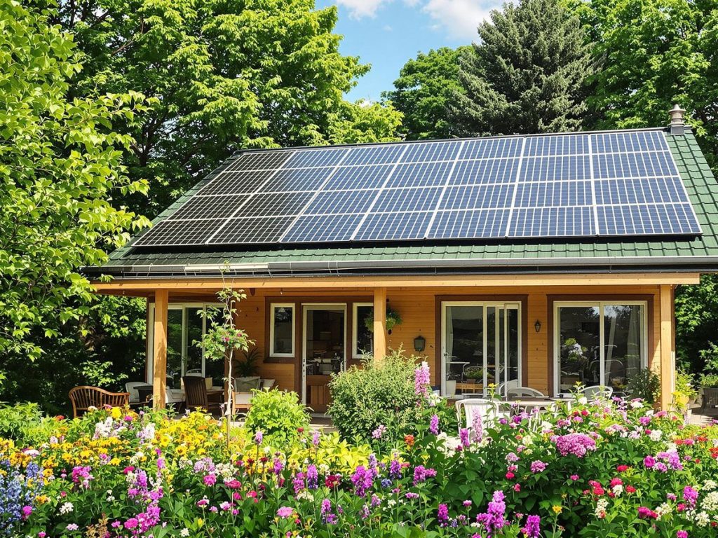 Casă modernă ecologică înconjurată de natură verde.