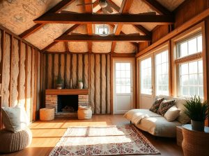 Interior confortabil cu izolație ecologică și lumină naturală.