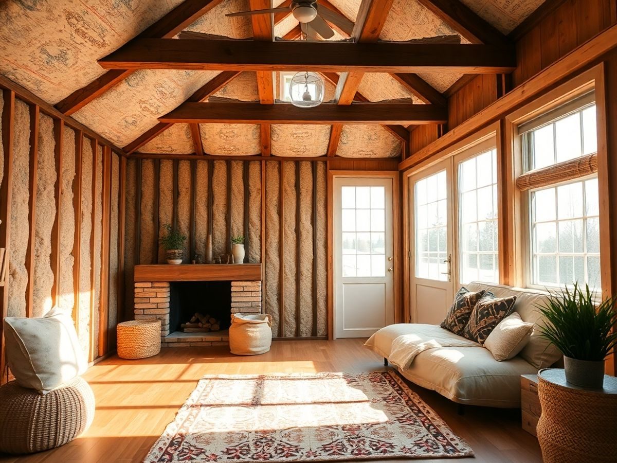 Interior confortabil cu izolație ecologică și lumină naturală.