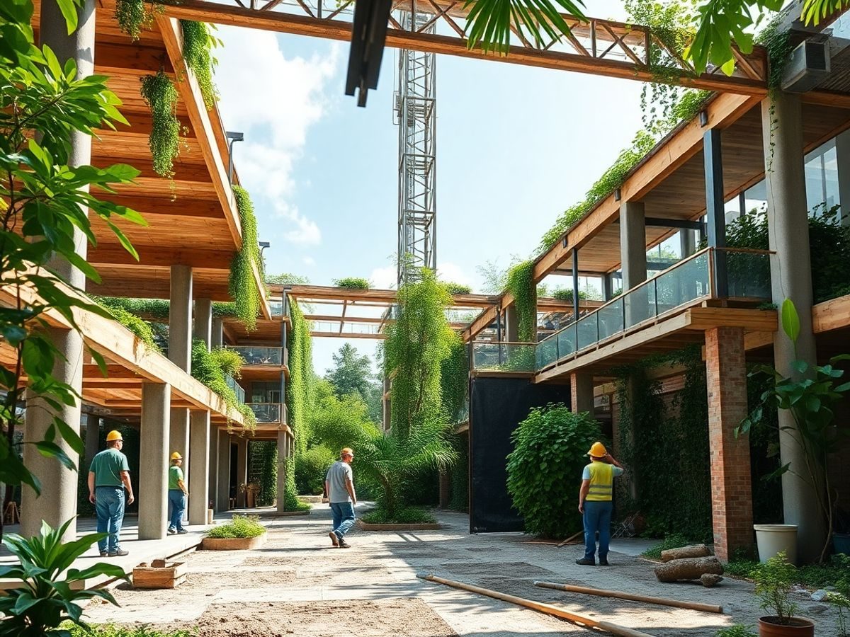 Construcție ecologică cu materiale durabile și tehnologie verde.