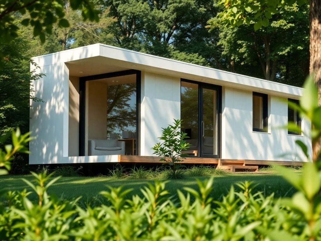 Casa modulară modernă înconjurată de natură luxuriantă.