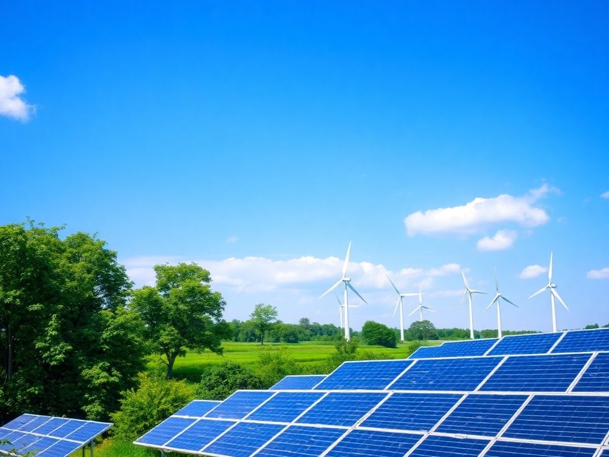 Peisaj verde cu panouri solare și turbine eoliene.