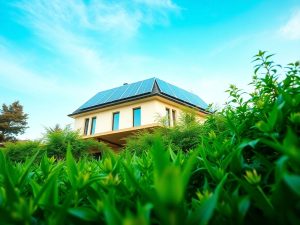 Casă modernă cu panouri solare și grădină verde.