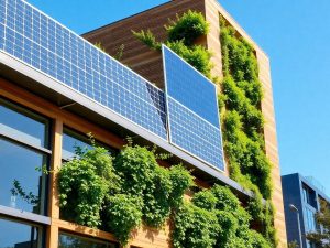 Clădiri verzi, panouri solare, vegetație luxuriantă, materiale eco.