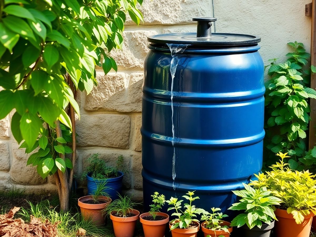 Butoi colectare apă ploaie și plante în ghiveci.