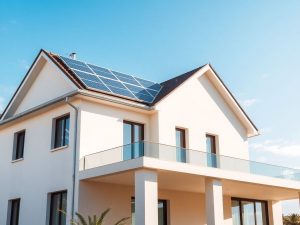 Casă modernă cu panouri solare pe acoperiș.