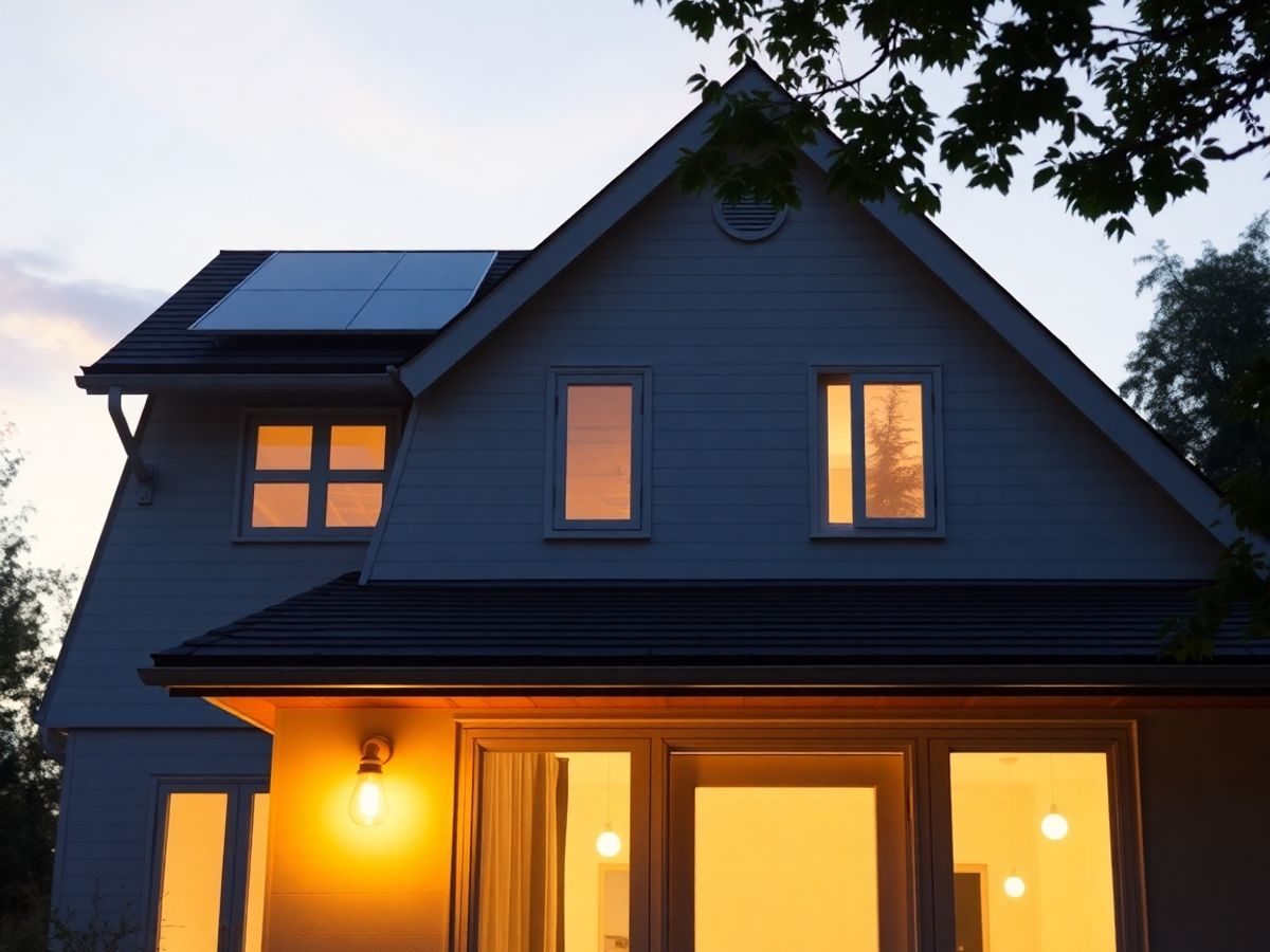 Casă modernă cu panouri solare și lumini LED aprinse.