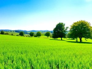 Peisaj rural românesc cu iarbă verde și cer senin.