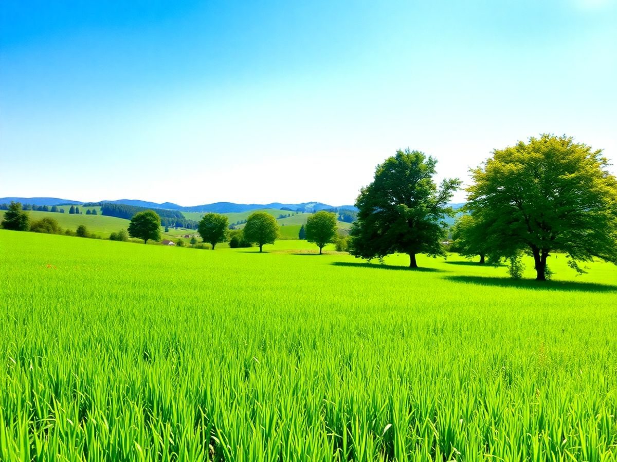 Peisaj rural românesc cu iarbă verde și cer senin.