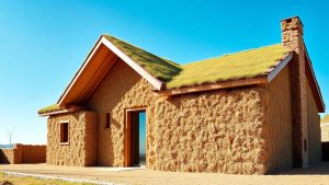 Casă modernă din baloți de paie cu acoperiș verde.