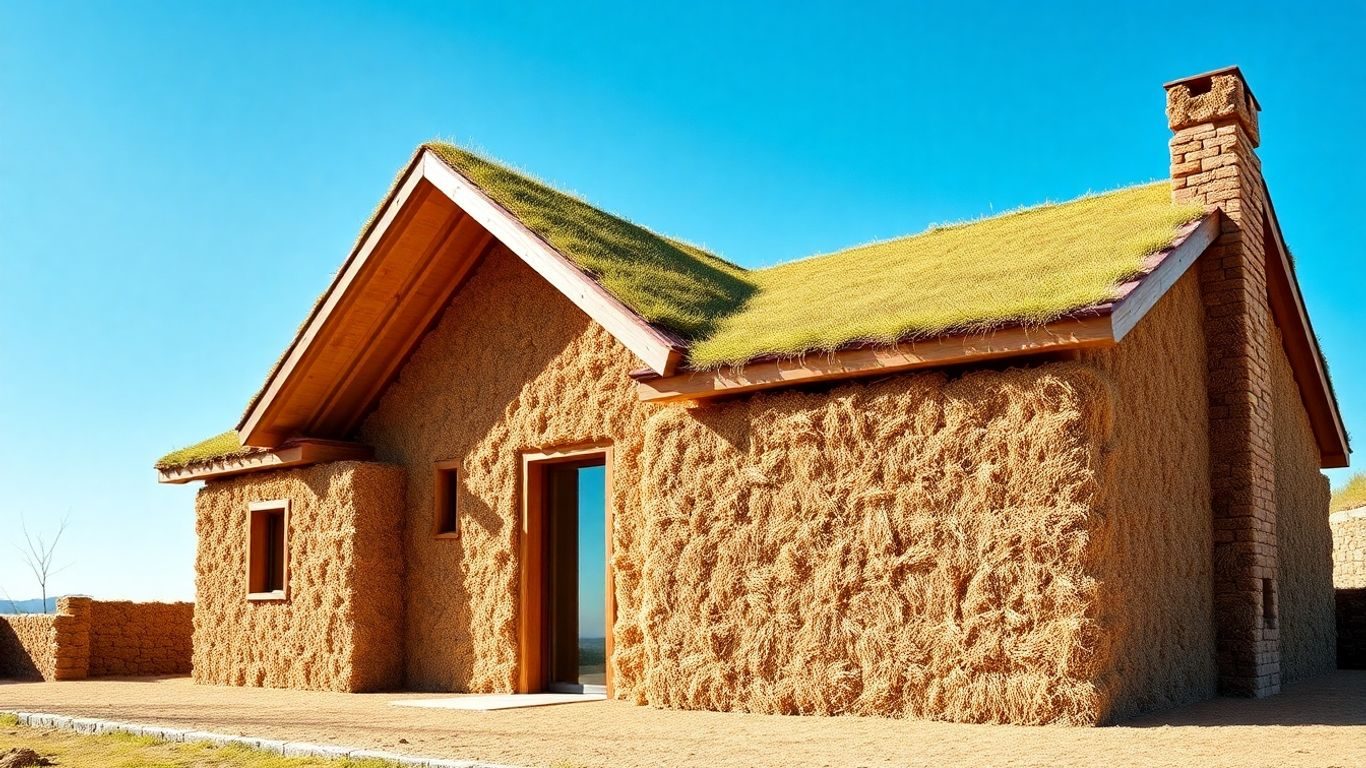Casă modernă din baloți de paie cu acoperiș verde.