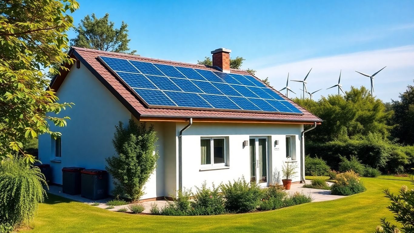 Casă modernă cu panouri solare și turbine eoliene